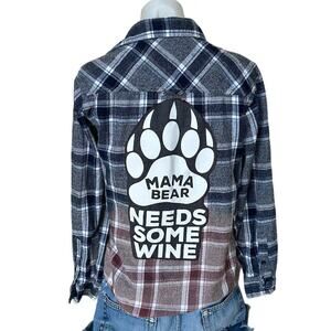 Mama Bear Needs Wine Plaid Flannel Shirt Shacket SMALL Classic Oversize Unique
